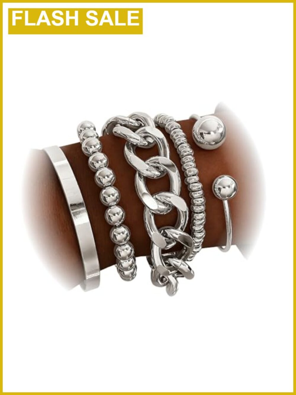 14K Gold Plated Stackable Bracelet Set 5 Pcs Cuban Link Bead Bangle Cuff for